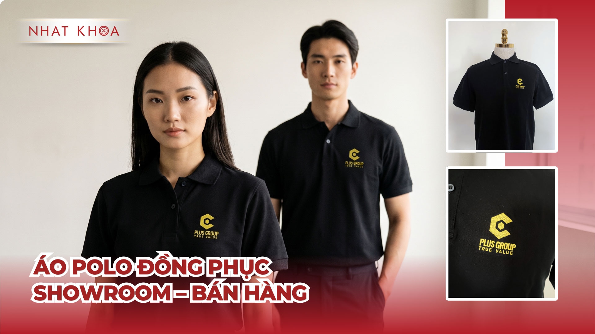 Đồng phục bán hàng đen phối logo vàng cực kỳ sang trọng.