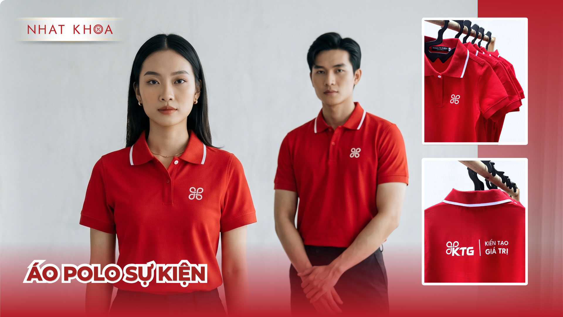 Áo đồng phục sự kiện KTG đỏ in logo trắng cực kỳ sắc nét.