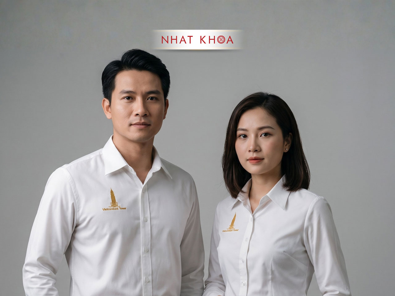Đồng phục sơ mi công sở trắng thêu logo doanh nghiệp trước ngực.
