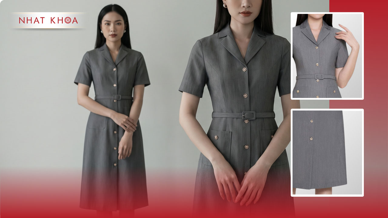Đầm công sở màu xám cao cấp, thiết kế thanh lịch, ôm dáng, đường may tinh tế.