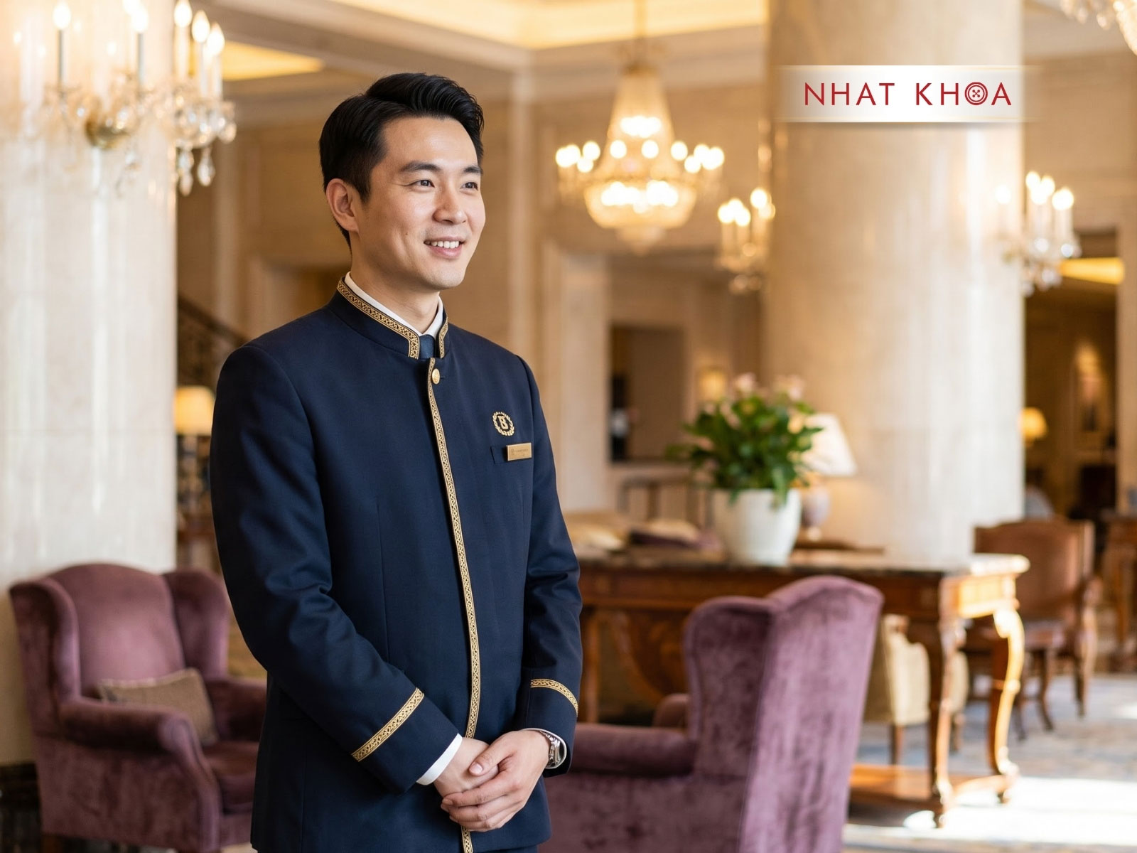 Nhân viên bảo vệ khách sạn mặc đồng phục cao cấp, lịch sự.