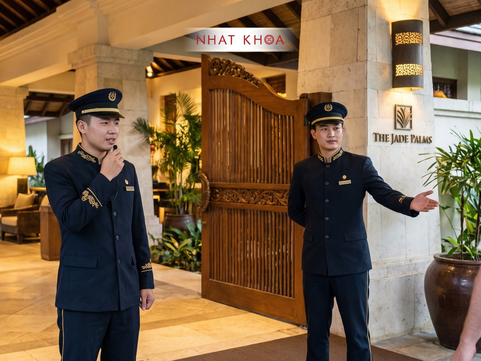 Nhân viên bảo vệ resort trong đồng phục chuyên nghiệp, lịch sự.