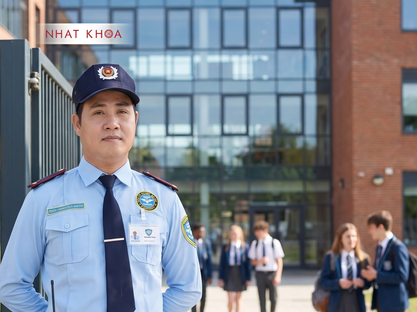 Nhân viên bảo vệ trường học mặc đồng phục chuyên nghiệp.