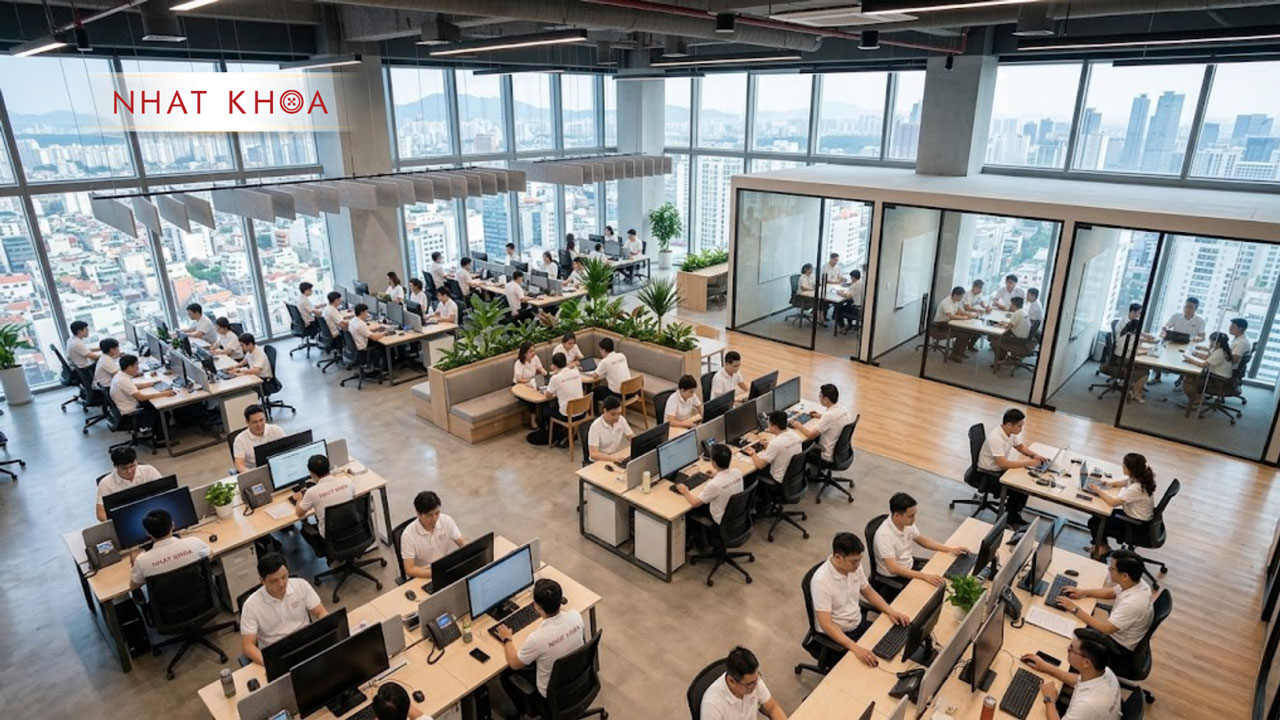 Đồng phục công ty đồng bộ, tạo môi trường làm việc hiện đại.