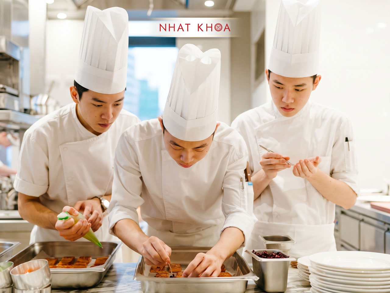 Đồng phục đầu bếp chuyên nghiệp cho gian bếp hiện đại.