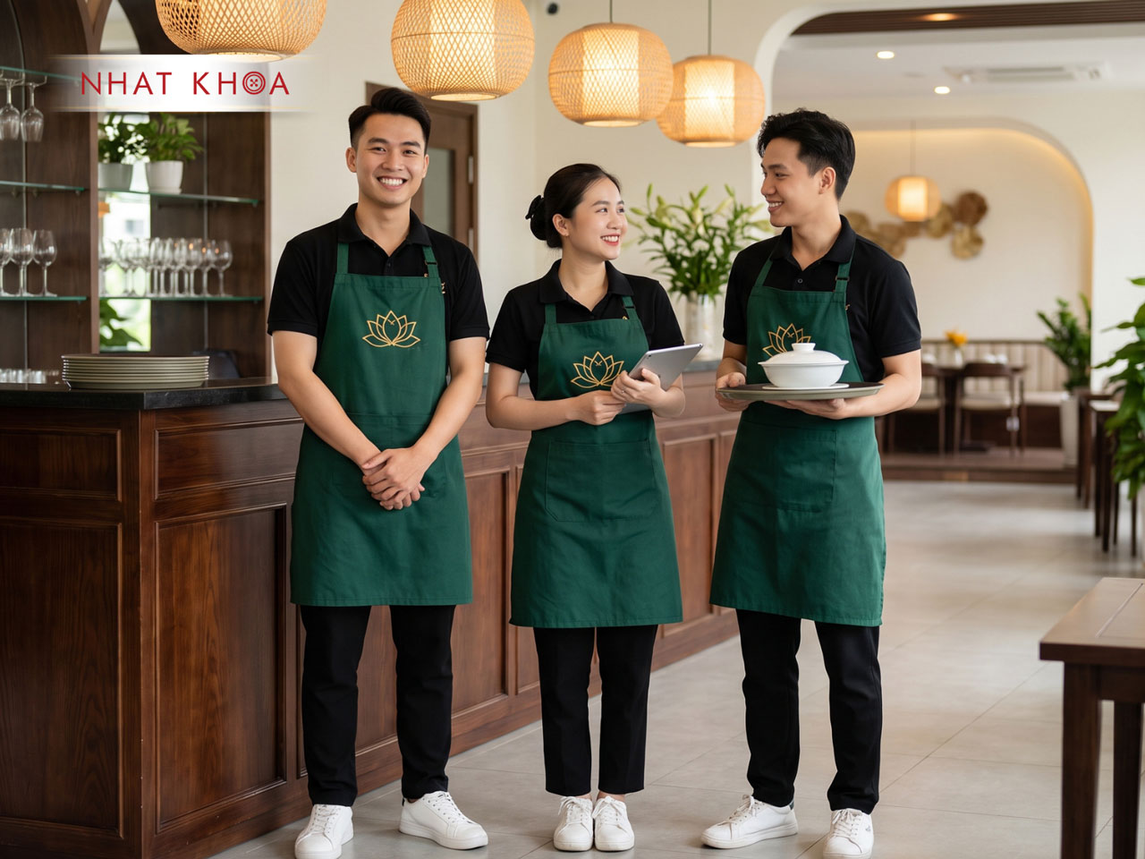Đồng phục nhà hàng đồng bộ giúp tăng nhận diện thương hiệu.