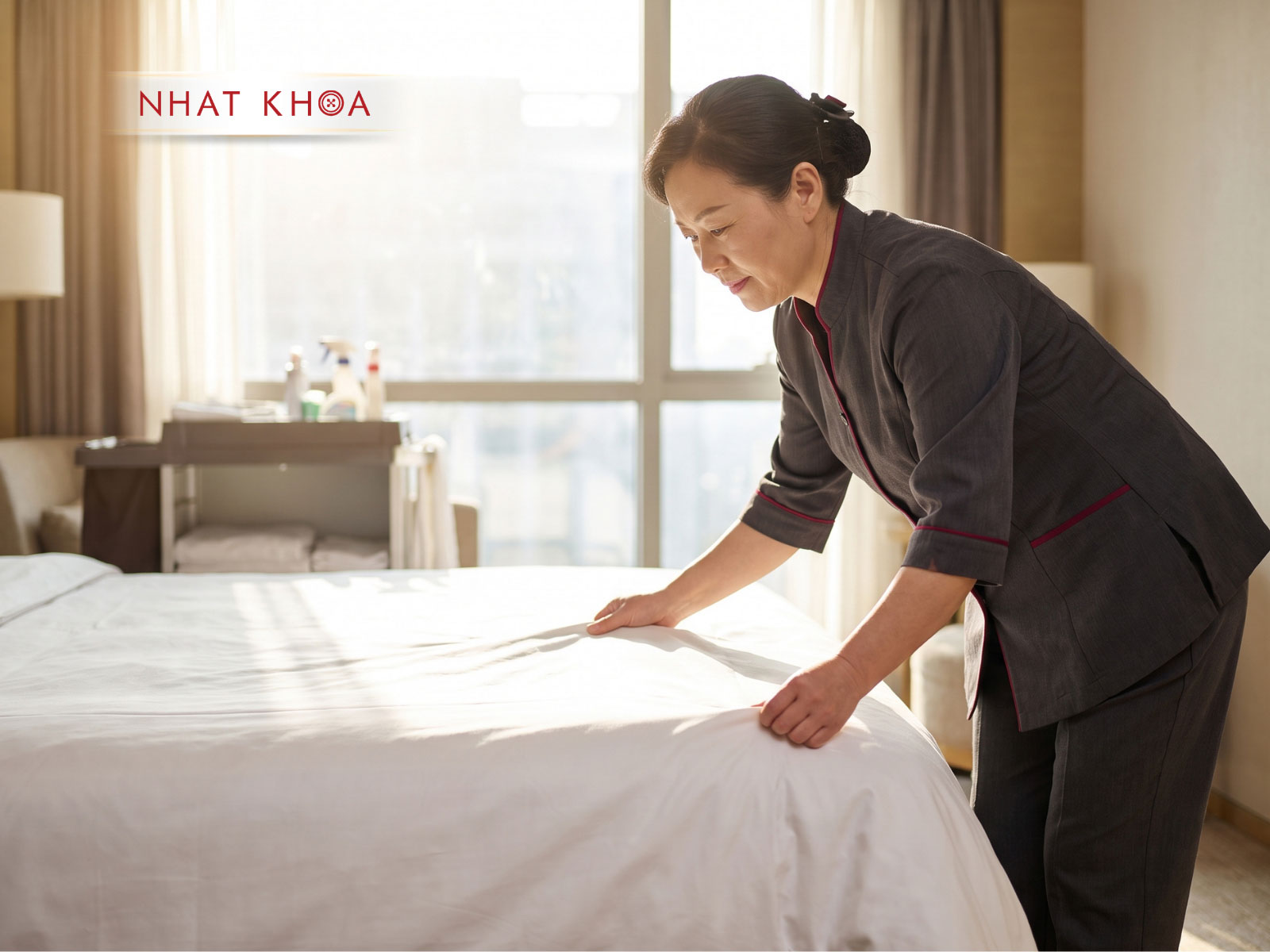 Trang phục housekeeping thanh lịch, phù hợp môi trường khách sạn cao cấp.
