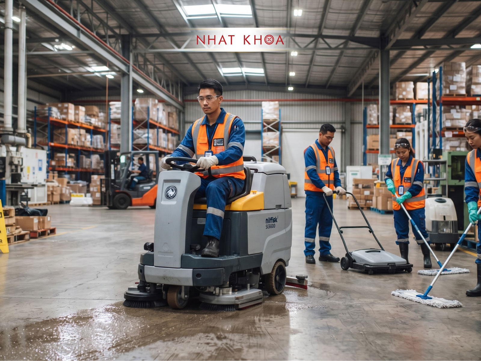 Đồng phục nhân viên vệ sinh tại khu vực kho và nhà xưởng.