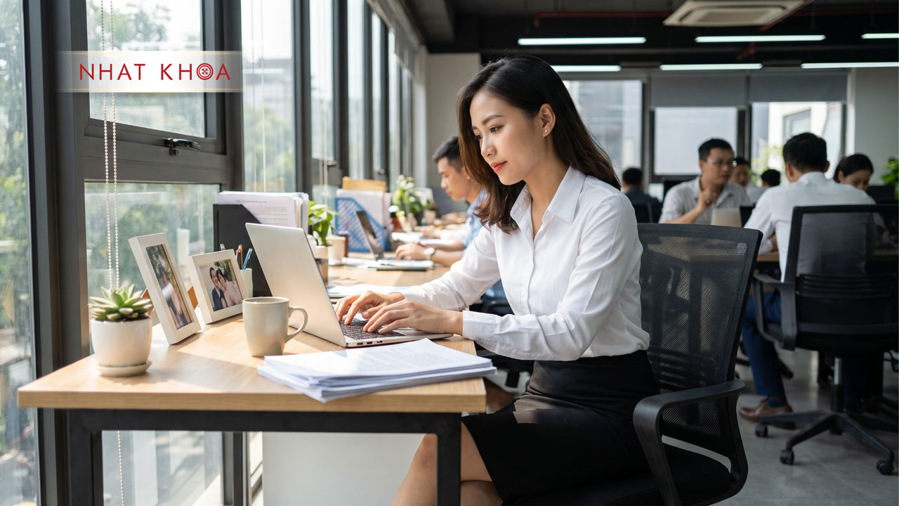 Đồng phục công sở áo sơ mi trắng và chân váy dành cho nhân viên văn phòng.