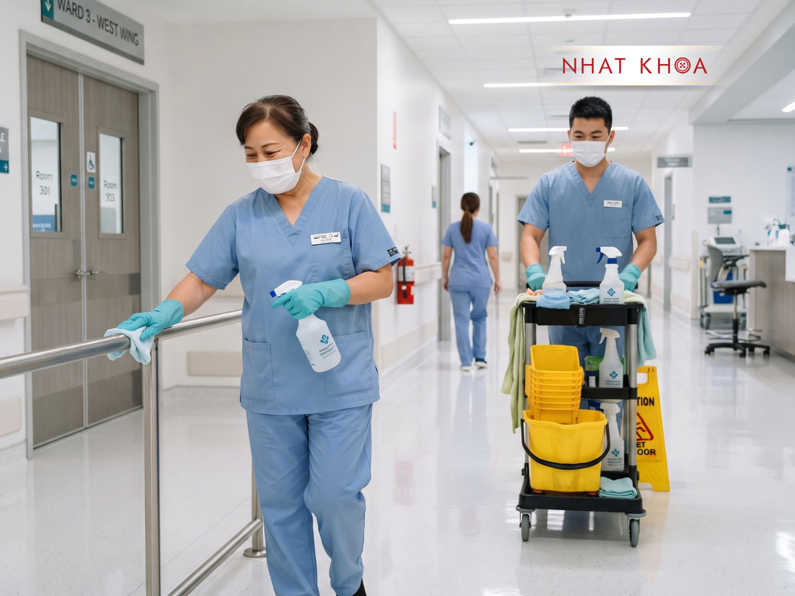 Đồng phục tạp vụ bệnh viện sạch sẽ, chuyên nghiệp.