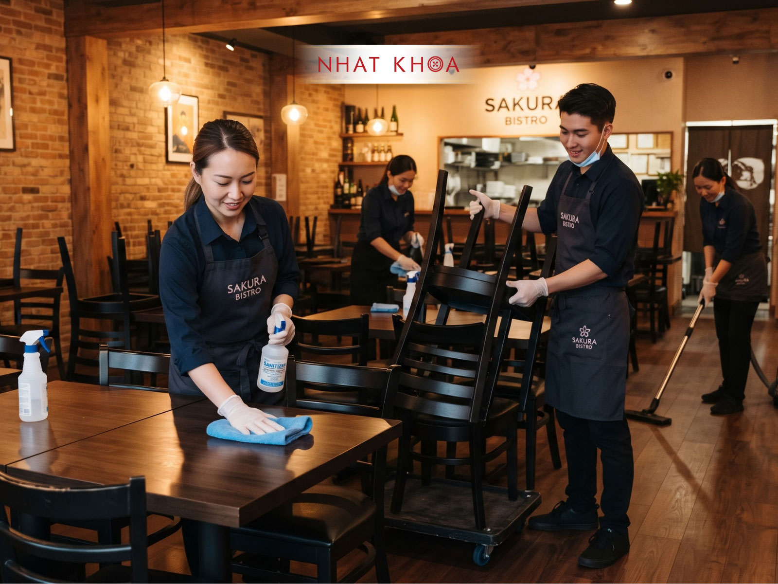 Nhân viên phục vụ vệ sinh nhà hàng trong trang phục đồng bộ.