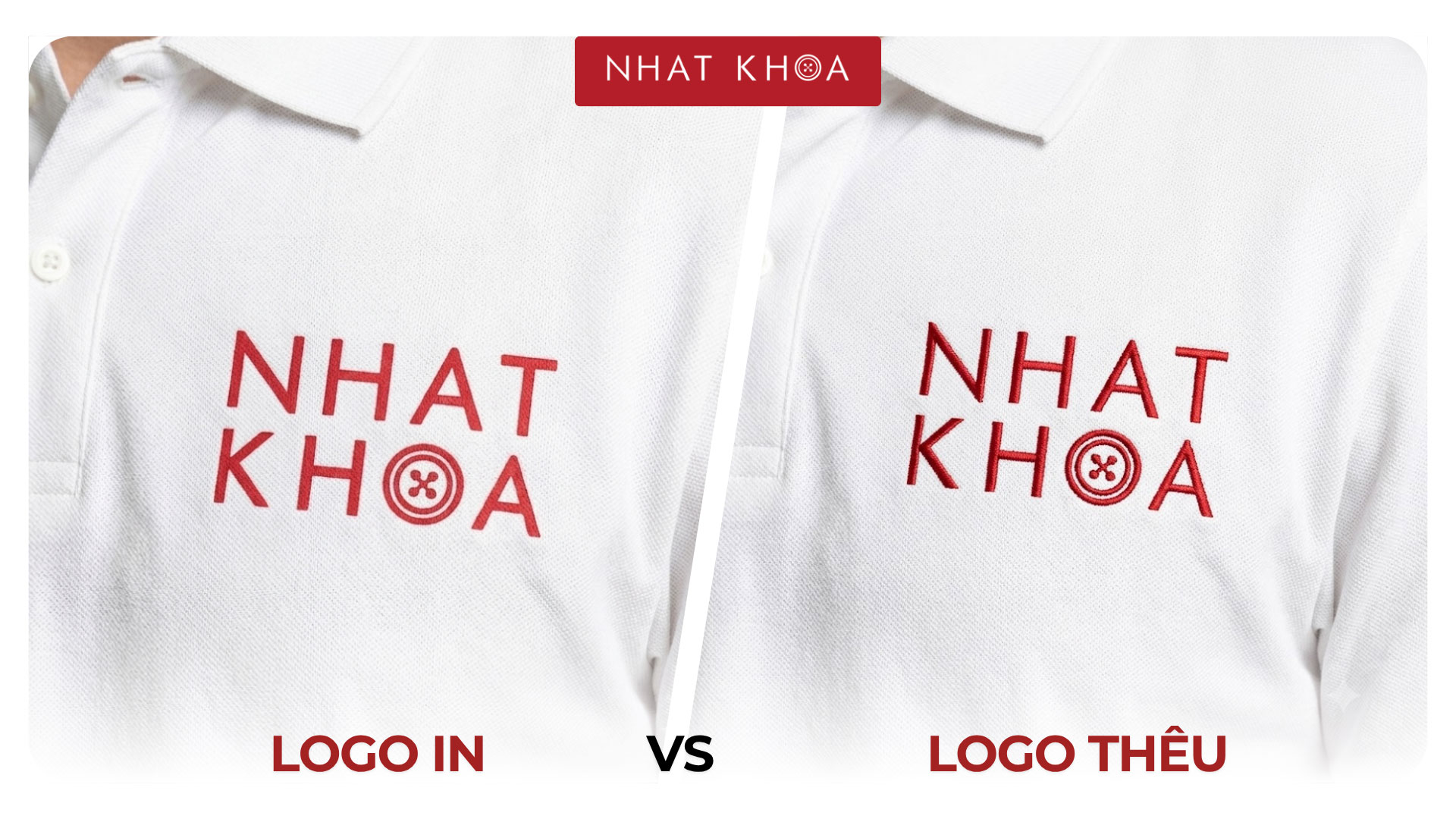 So sánh trực quan giữa logo in và logo thêu trên áo đồng phục.
