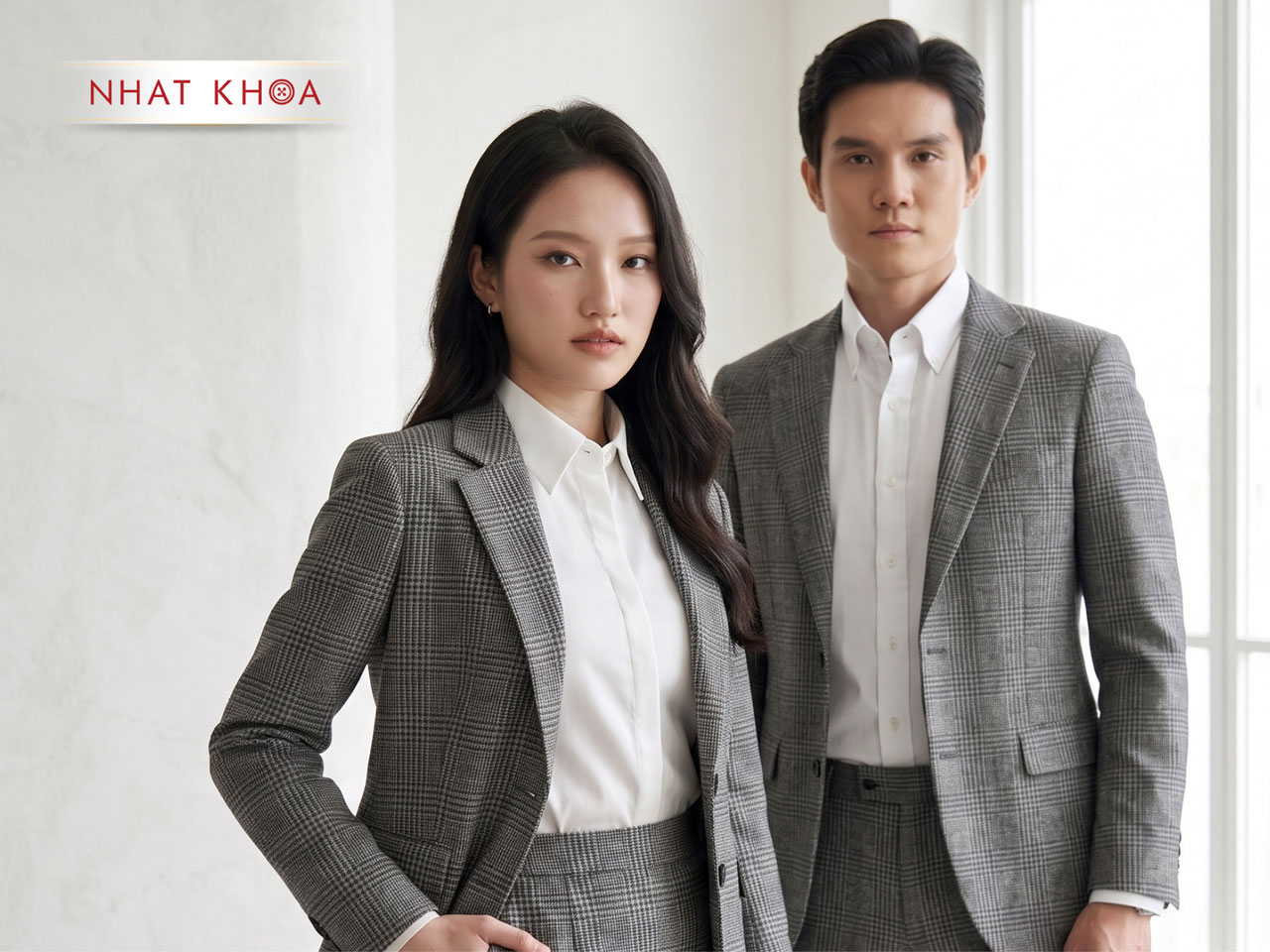 Bộ vest công sở caro xám cao cấp kết hợp sơ mi trắng, thiết kế hiện đại, chuẩn doanh nghiệp.