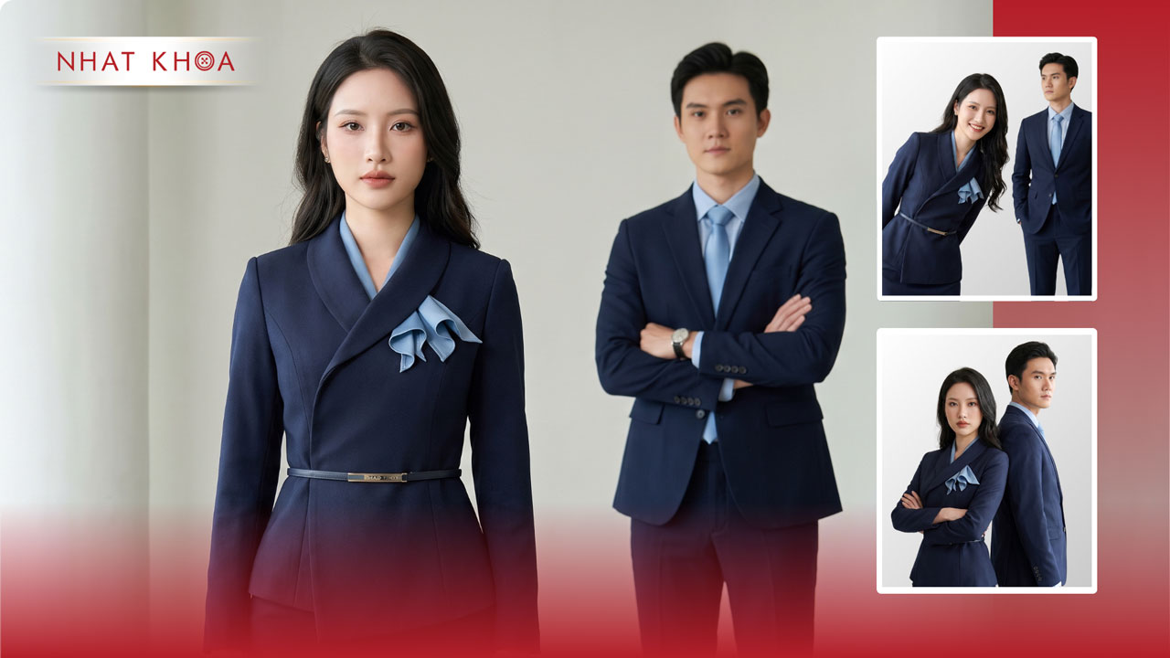 Bộ vest công sở cao cấp màu xanh navy, thiết kế hiện đại, chuẩn form doanh nghiệp.