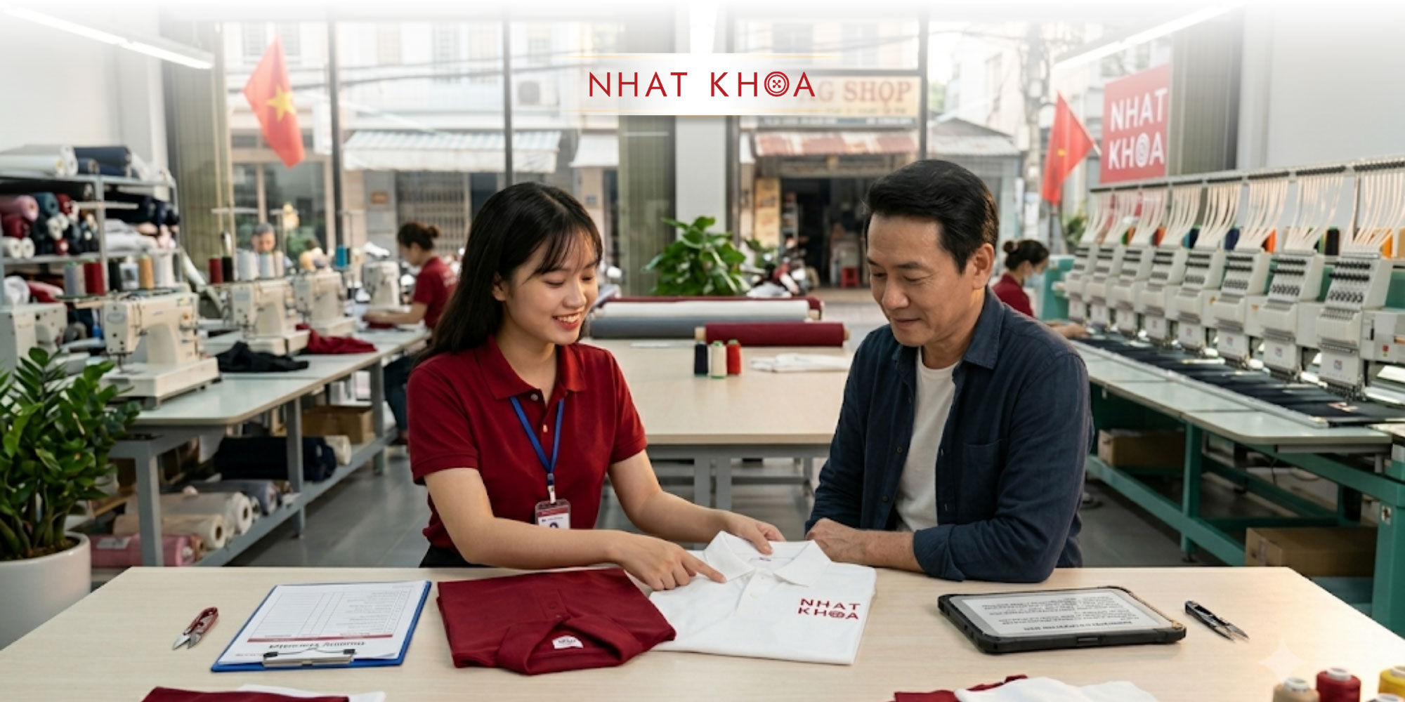Khách hàng kiểm tra áo mẫu thử trước khi sản xuất hàng loạt.