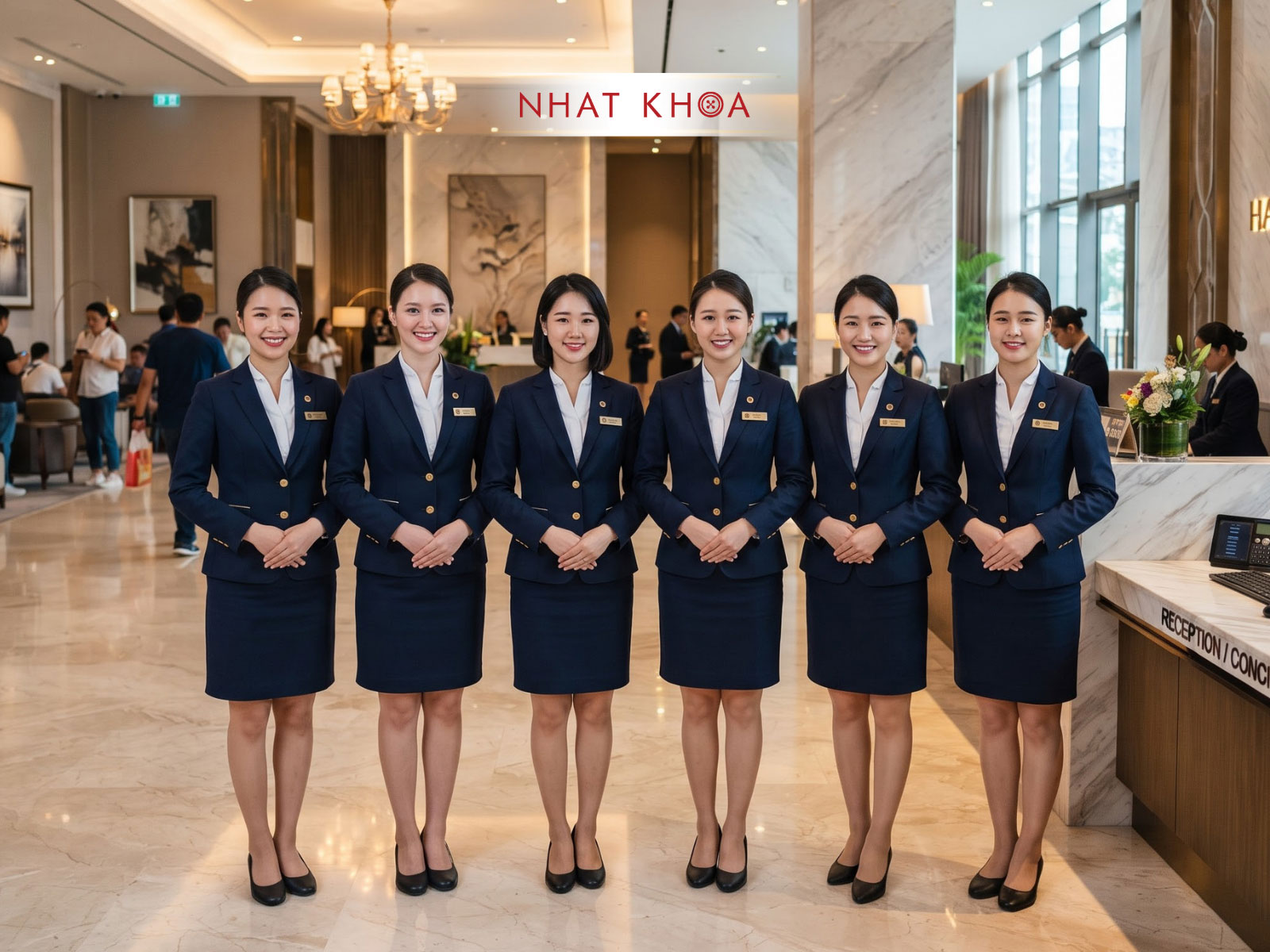 Đồng phục lễ tân khách sạn cao cấp, thiết kế vest xanh navy chuyên nghiệp.