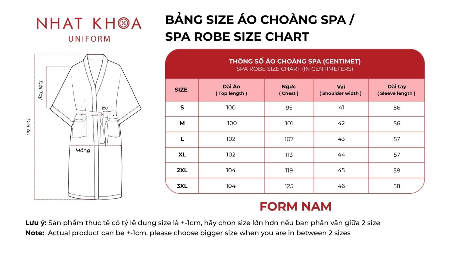Bảng size áo choàng spa nam
