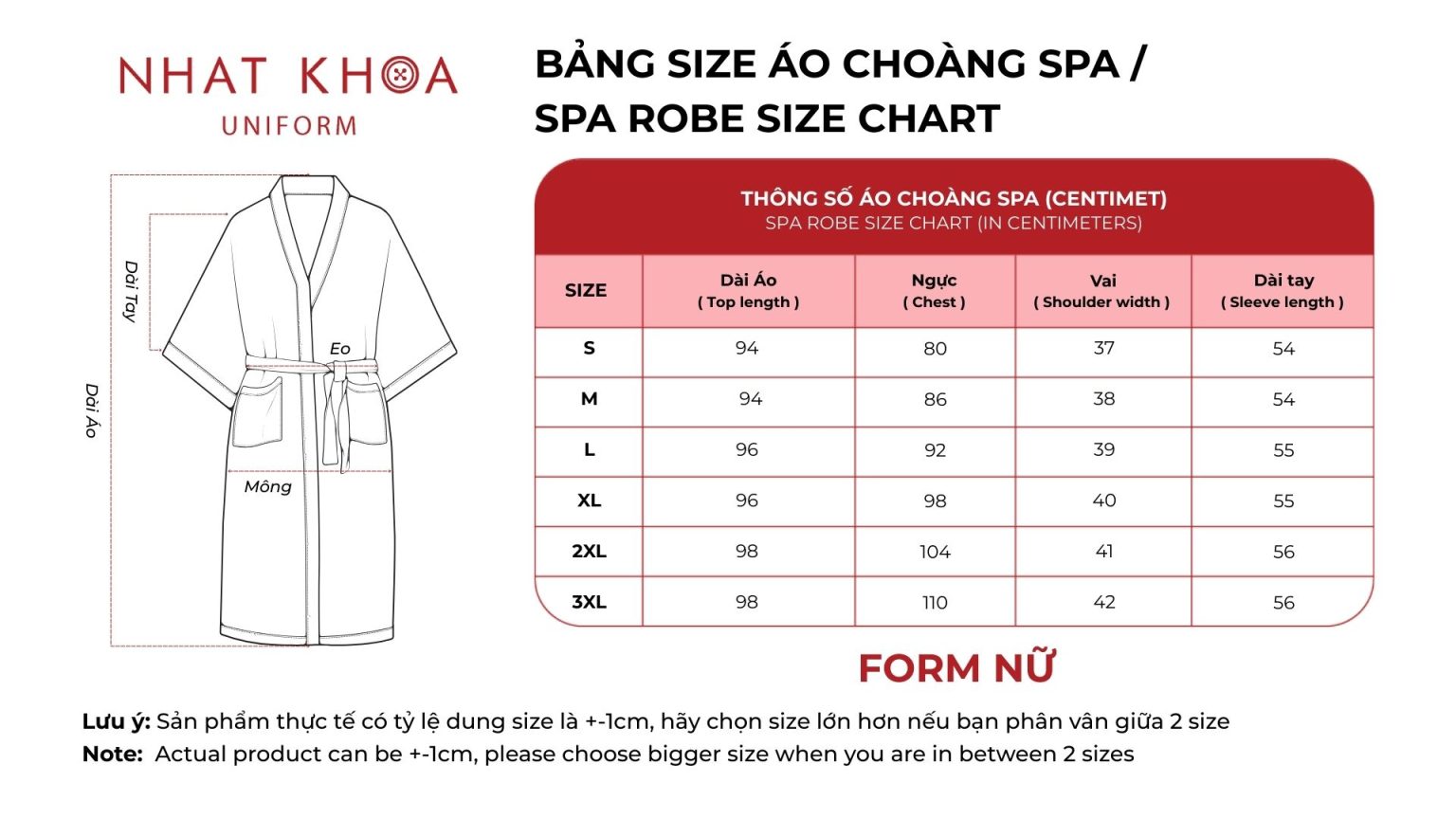Bảng size áo choàng spa nữ