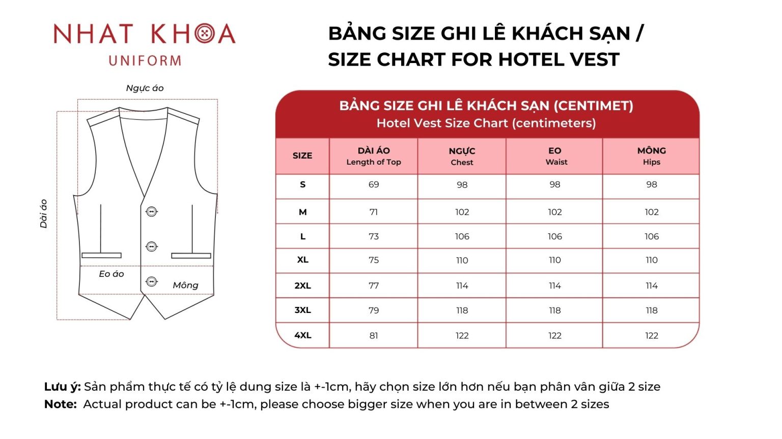 Bảng size áo gile khách sạn