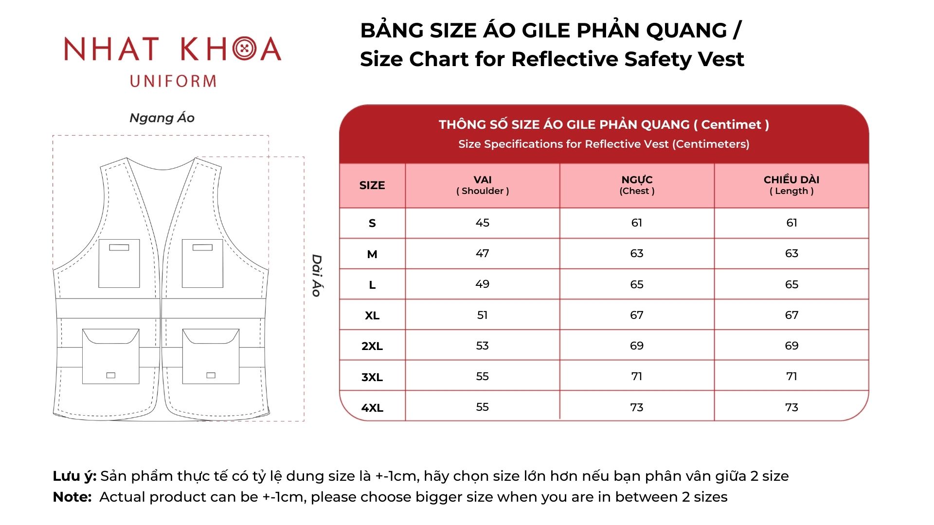 Bảng size áo gile phản quang