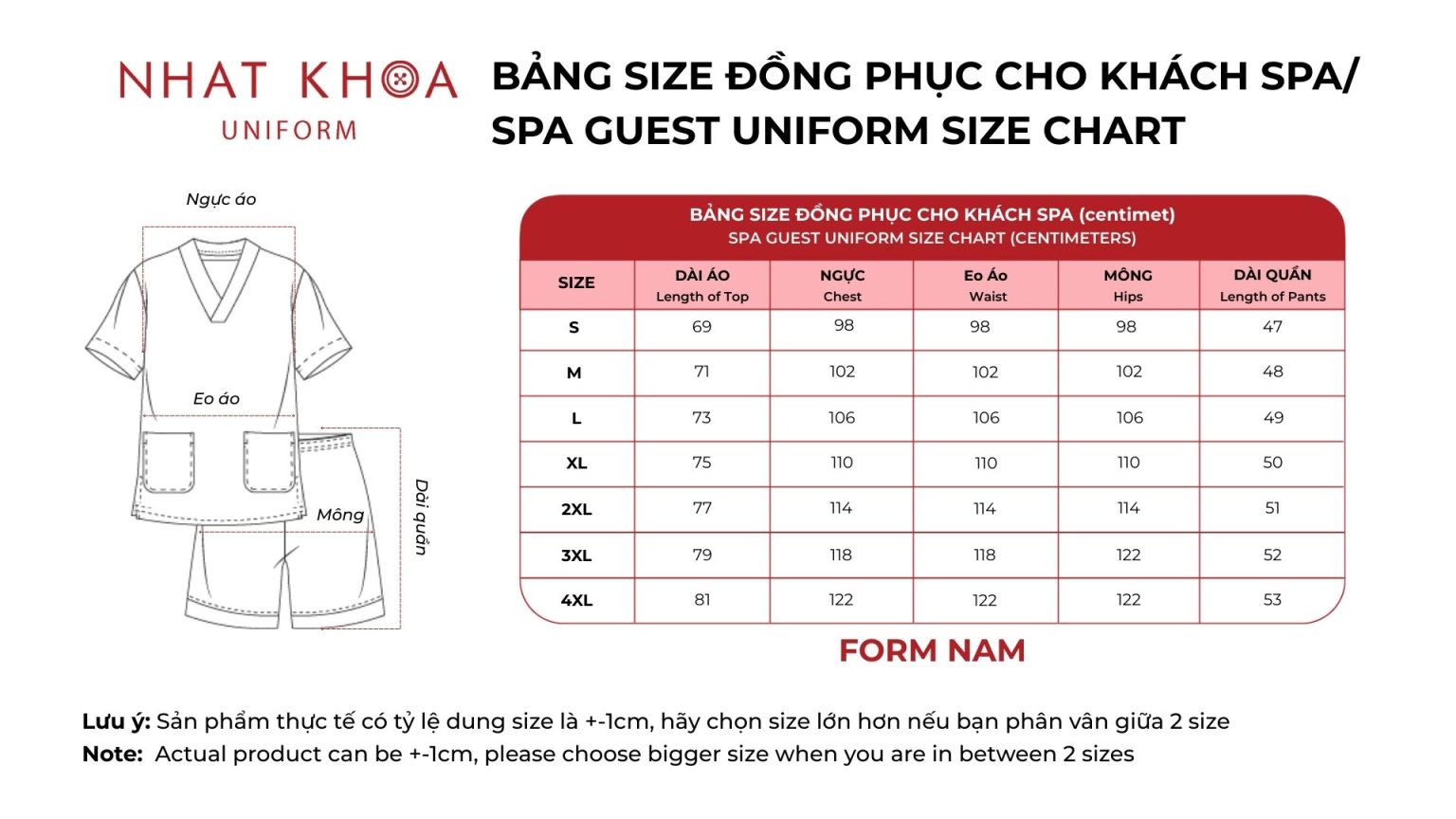 Bảng size áo khách spa nam