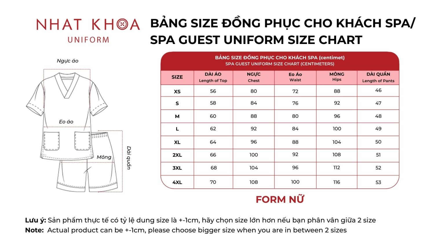 Bảng size áo khách spa nữ