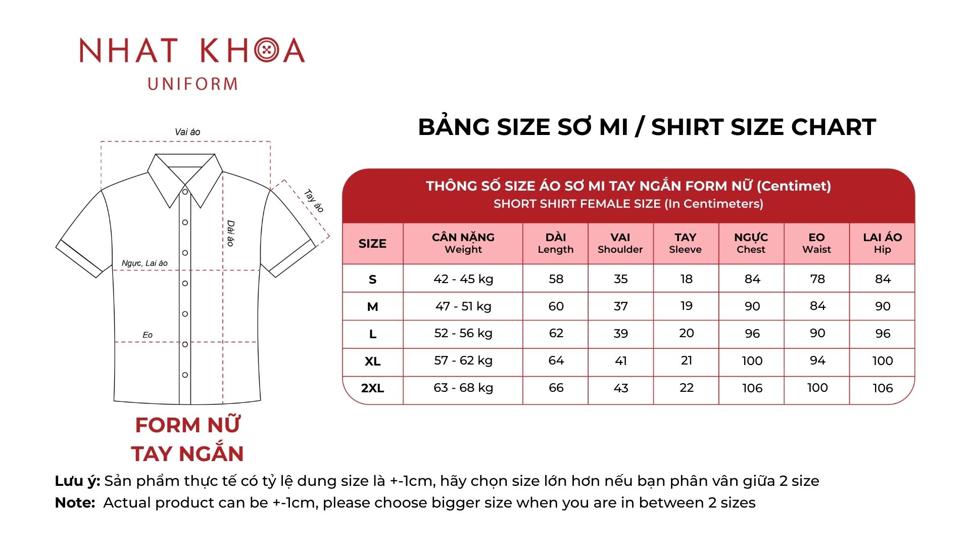 Bảng size áo sơ mi tay ngắn nữ