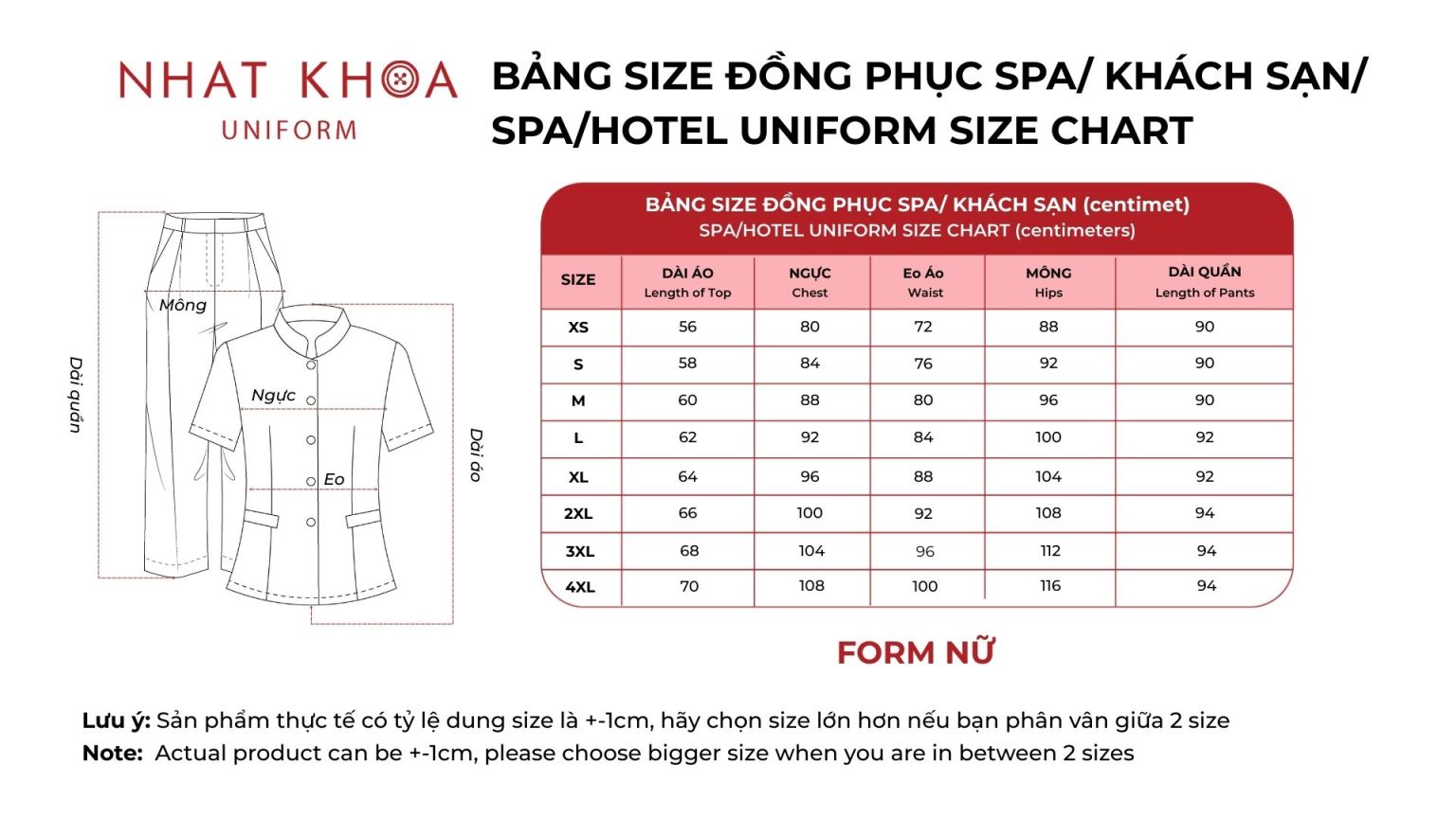 Bảng size áo khách spa nữ