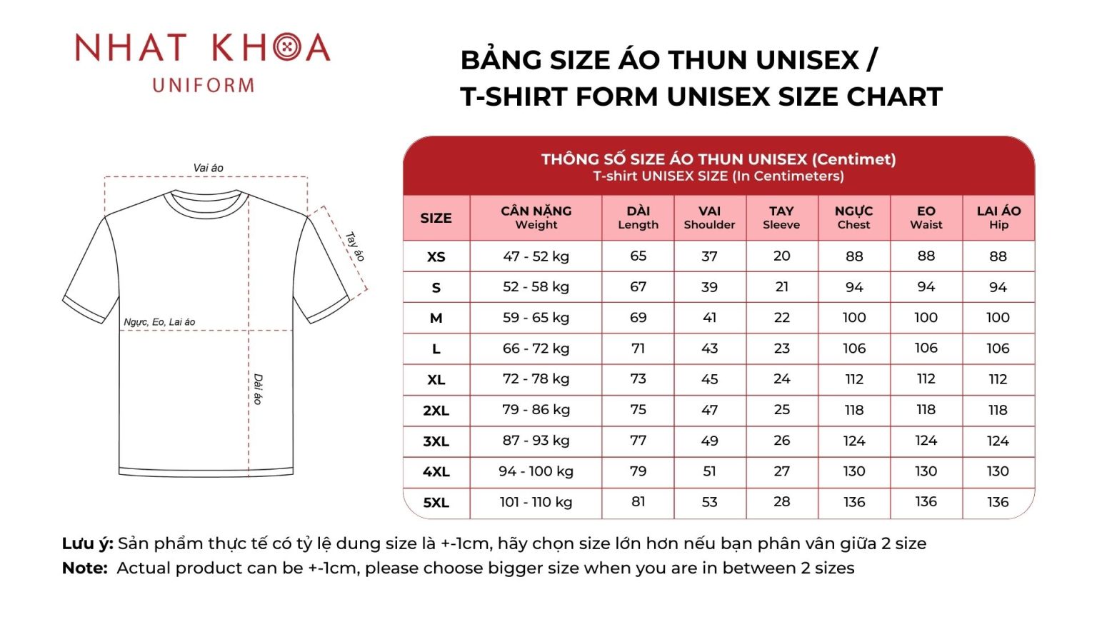 Bảng size áo thun unisex