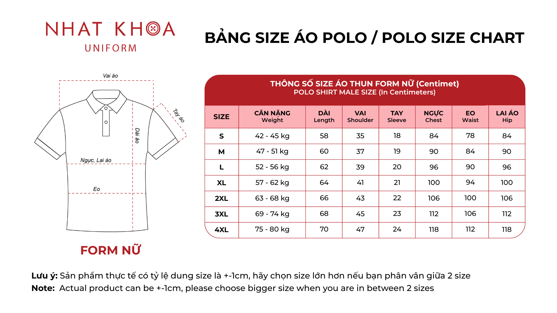Bảng size áo polo nữ