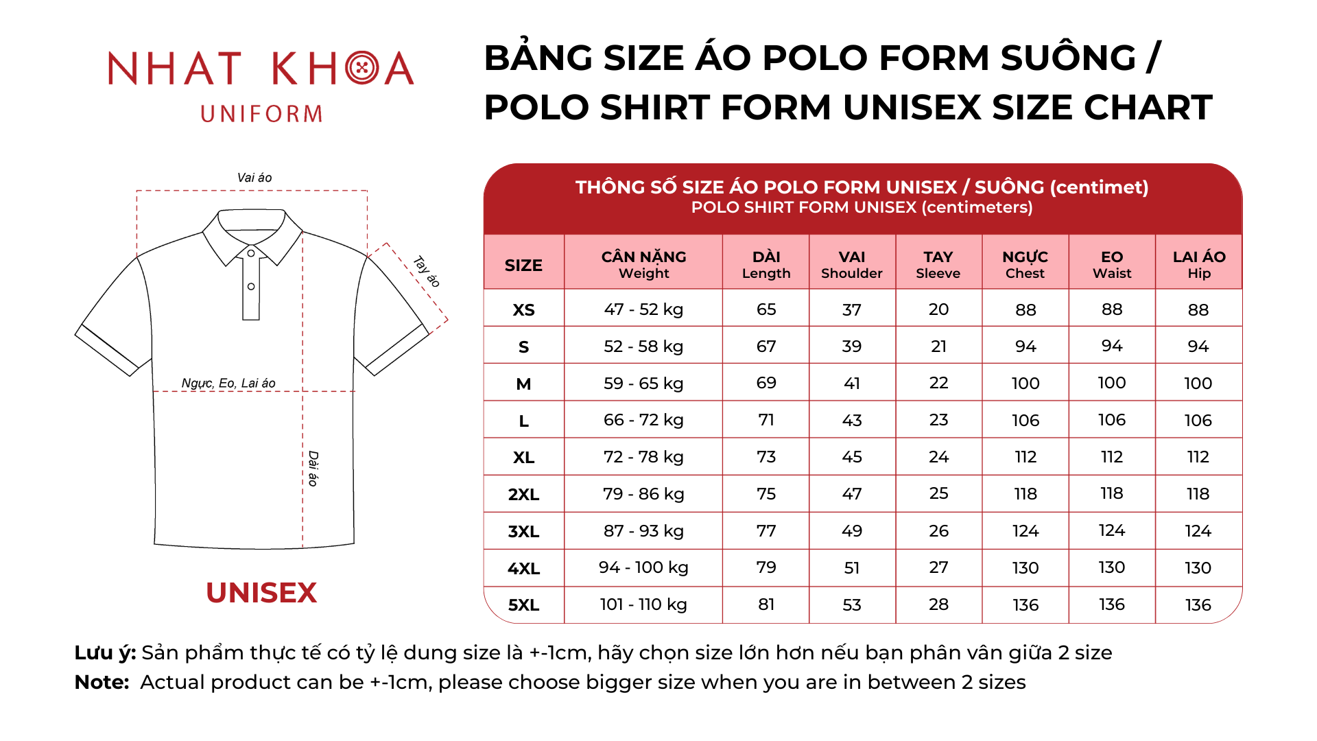 Bảng size áo polo unisex