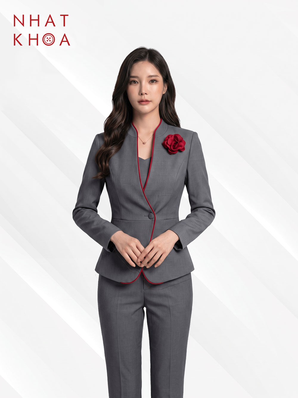 Đồng Phục Ngân Hàng Vest Nữ Xám Phối Viền Đỏ Hoa Hồng