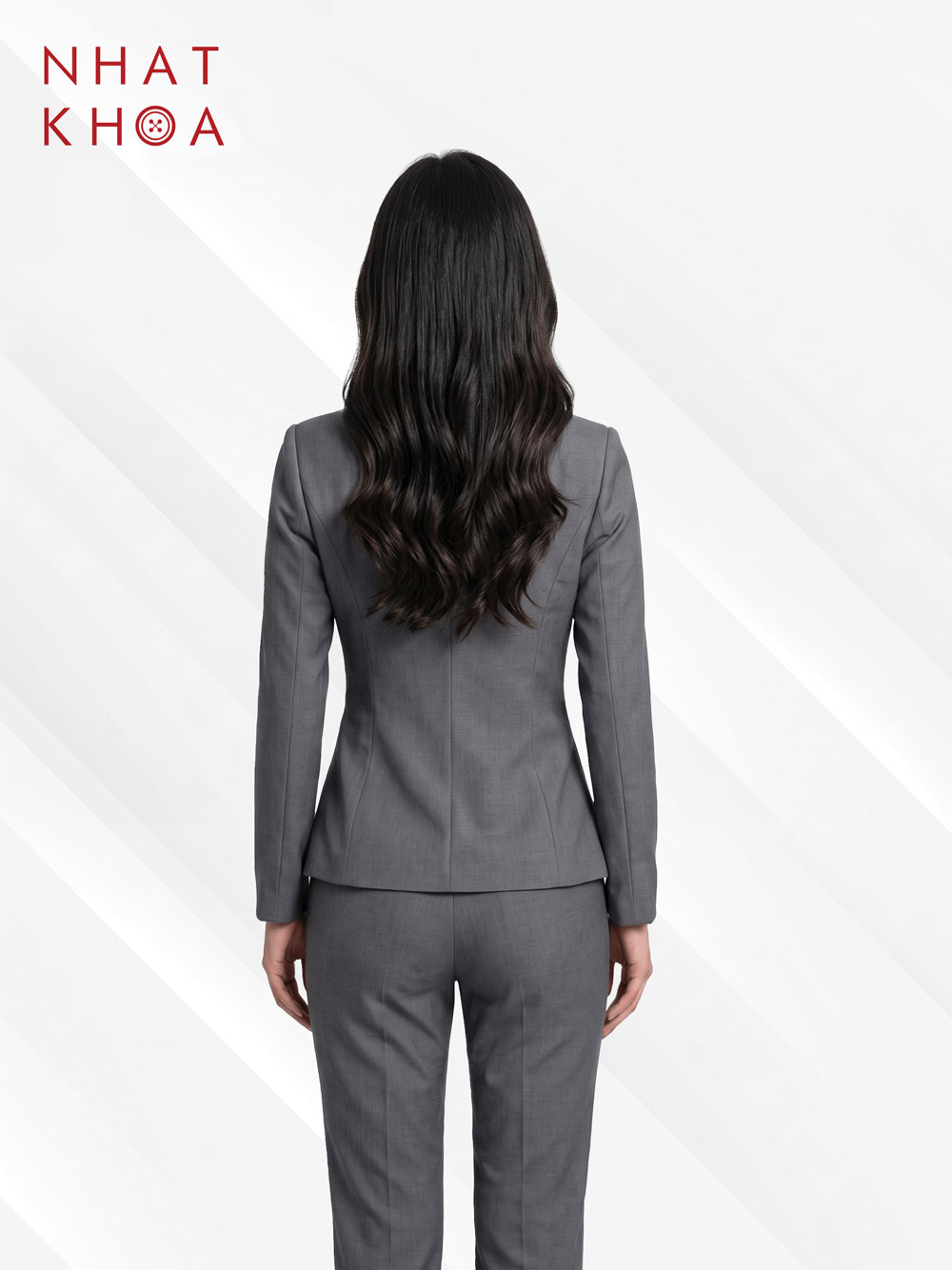 Đồng Phục Ngân Hàng Vest Nữ Xám Phối Viền Đỏ Hoa Hồng - Ảnh 2