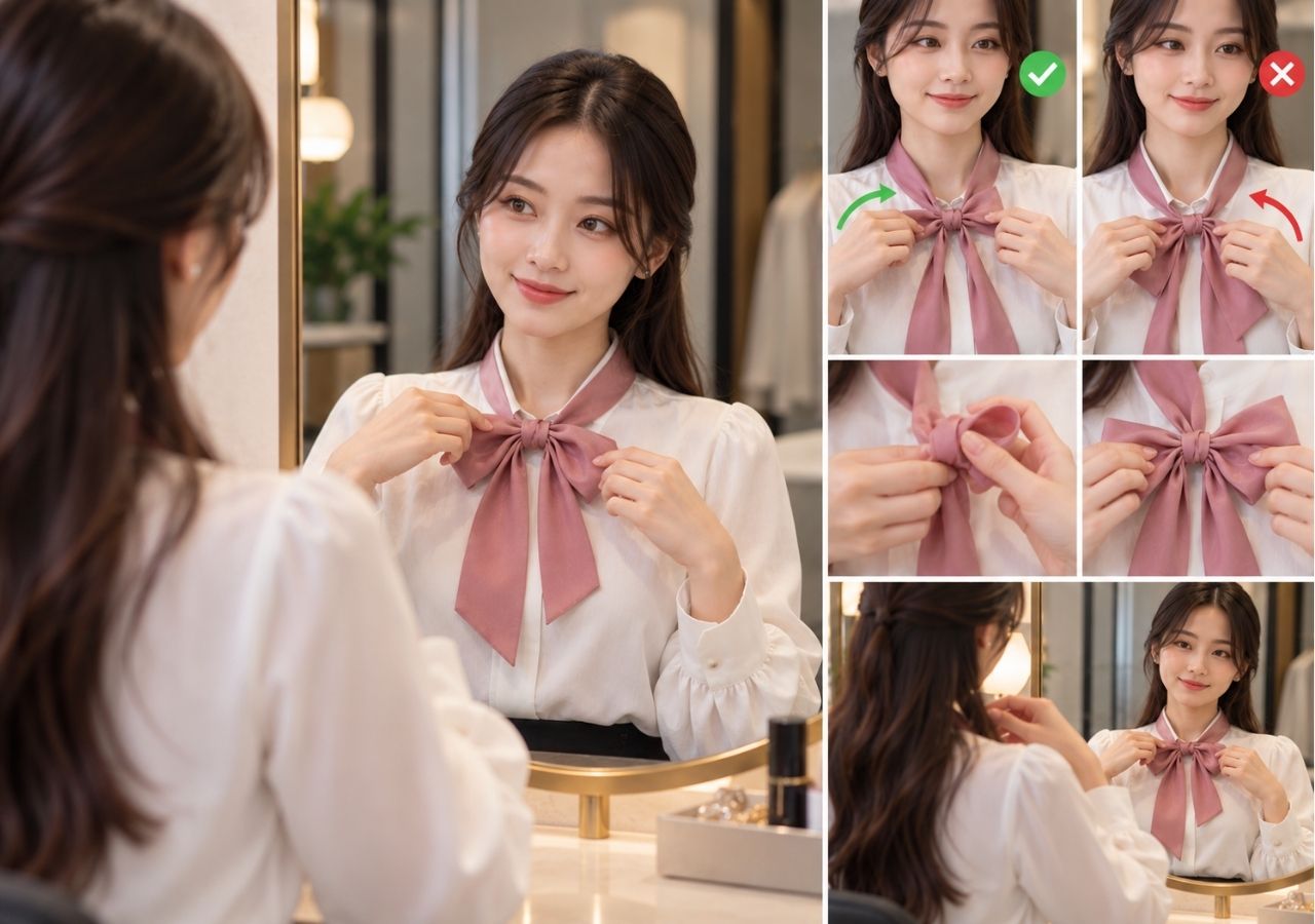Lưu ý khi tự thắt nơ trước gương để tránh nhầm hướng dây.