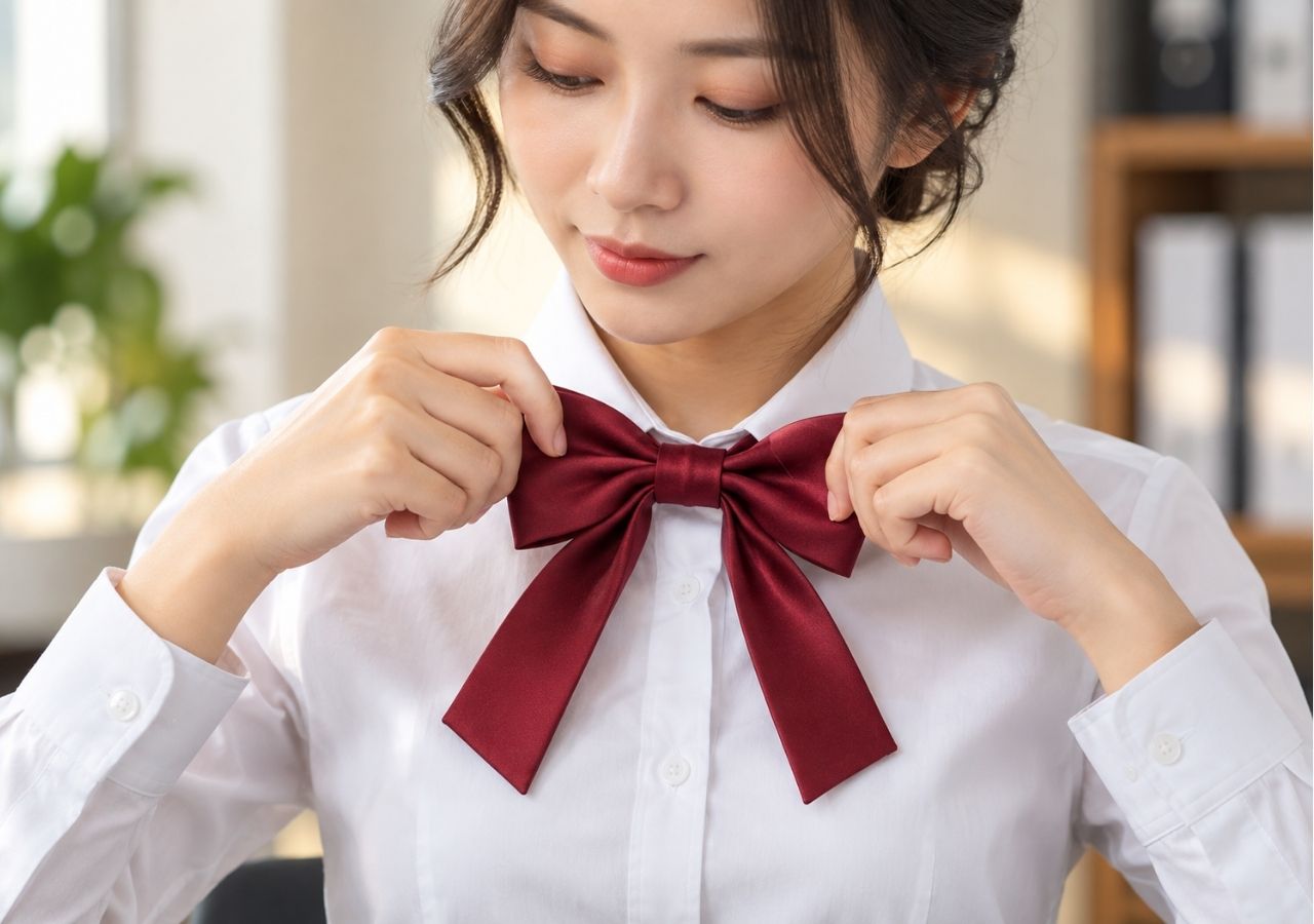 Người mặc chỉnh nơ bướm cổ điển trên áo sơ mi công sở.