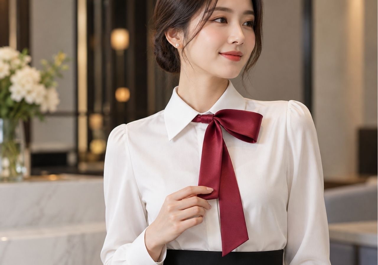Cách thắt nơ áo một cánh tạo điểm nhấn bất đối xứng.