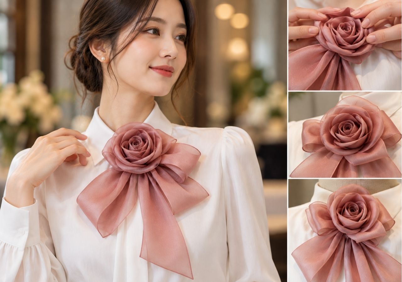 Cách thắt nơ hoa hồng nhiều tầng cho trang phục dự tiệc.