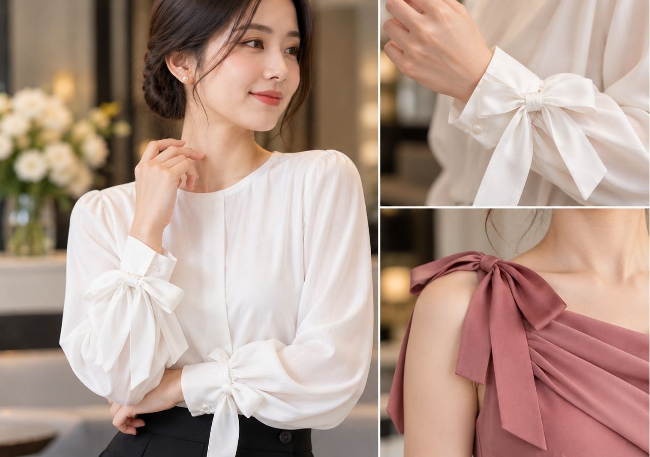Cách thắt nơ cổ tay và nơ vai tạo điểm nhấn tinh tế.