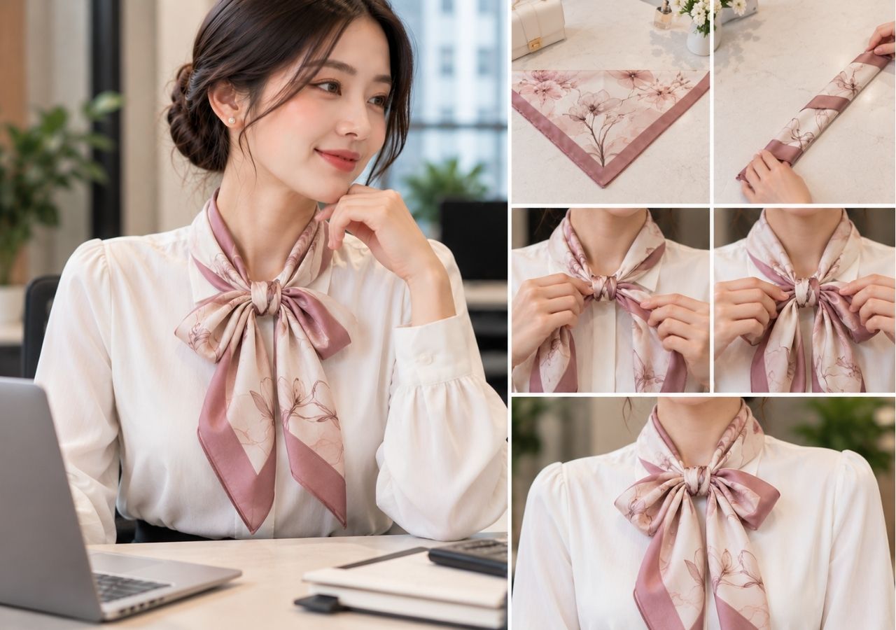 Cách dùng khăn lụa thắt nơ khi áo không có dây.