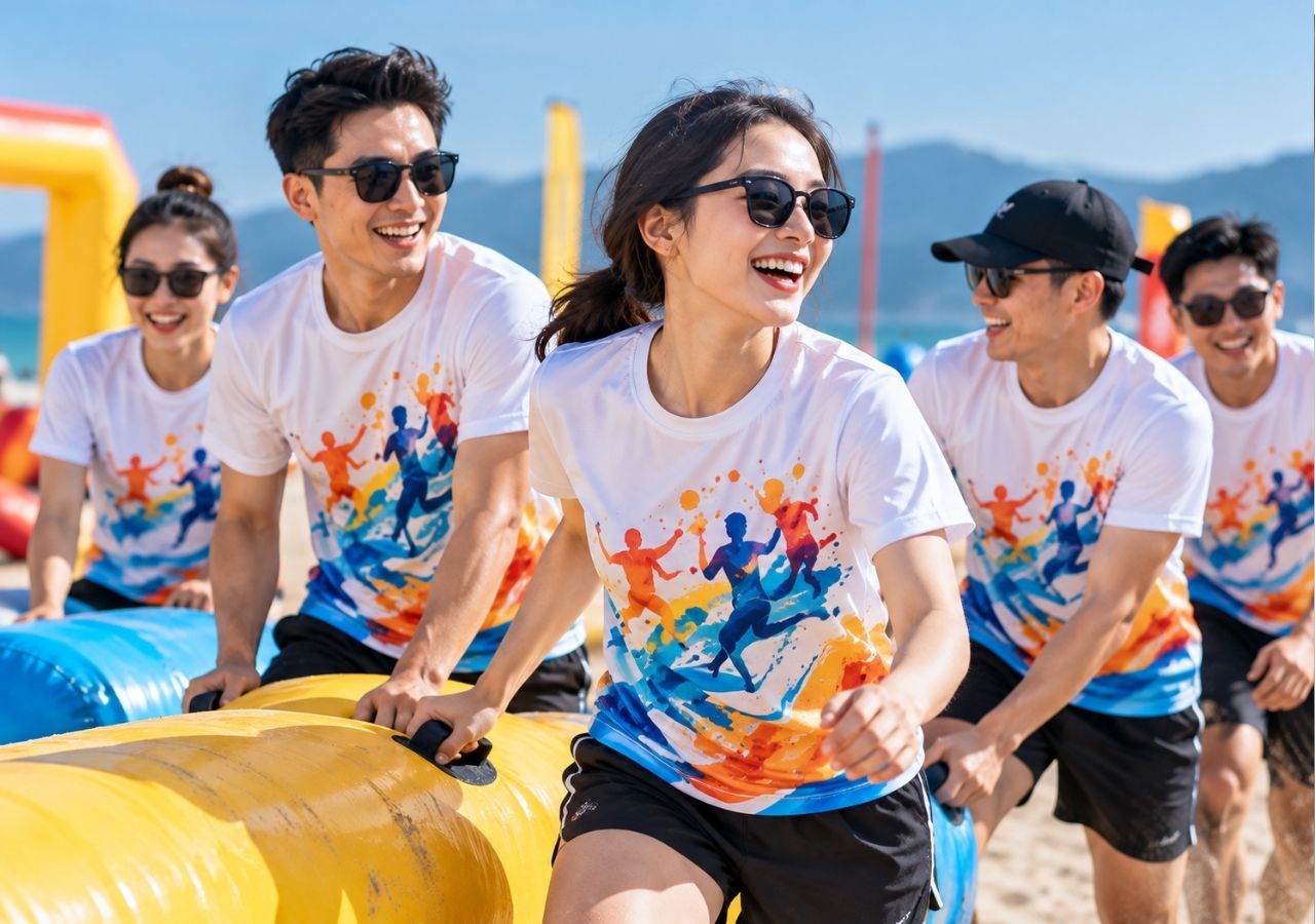 Áo in chuyển nhiệt tạo hình ảnh nổi bật cho hoạt động team building.
