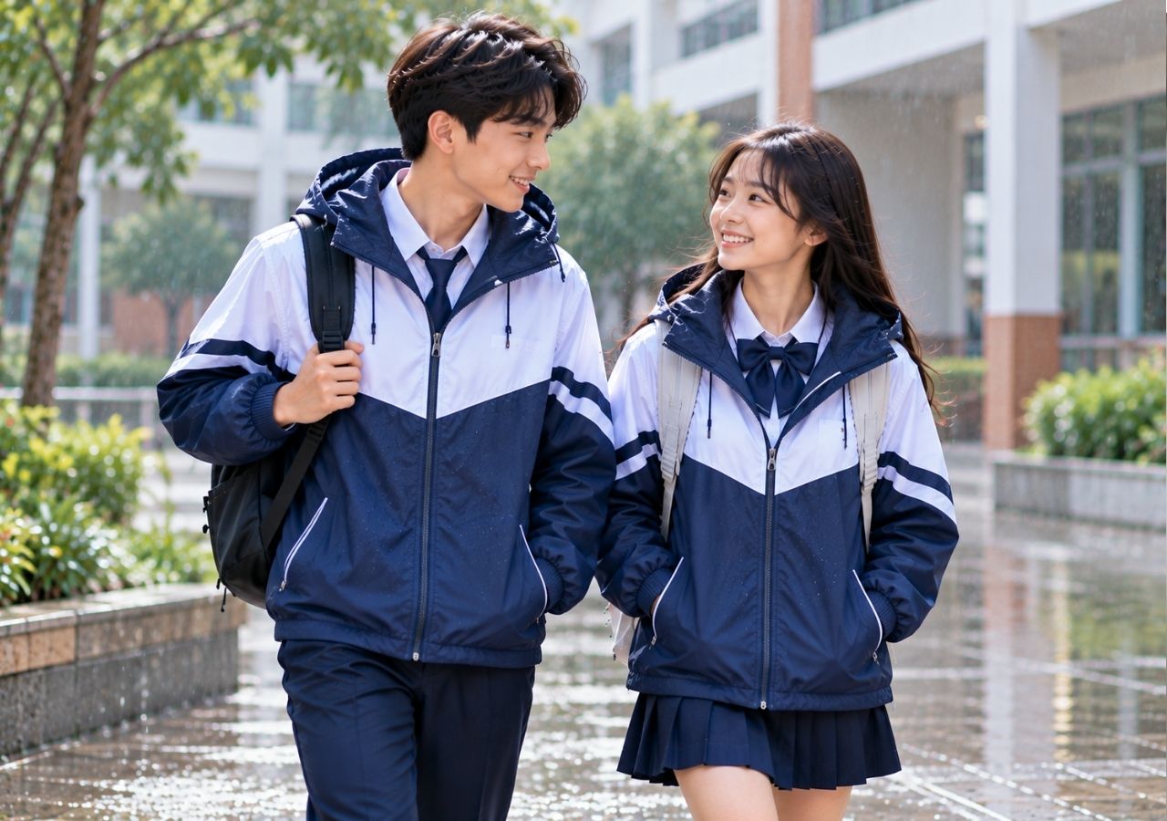 Áo khoác gió đồng phục giúp học sinh giữ ấm và chống mưa.