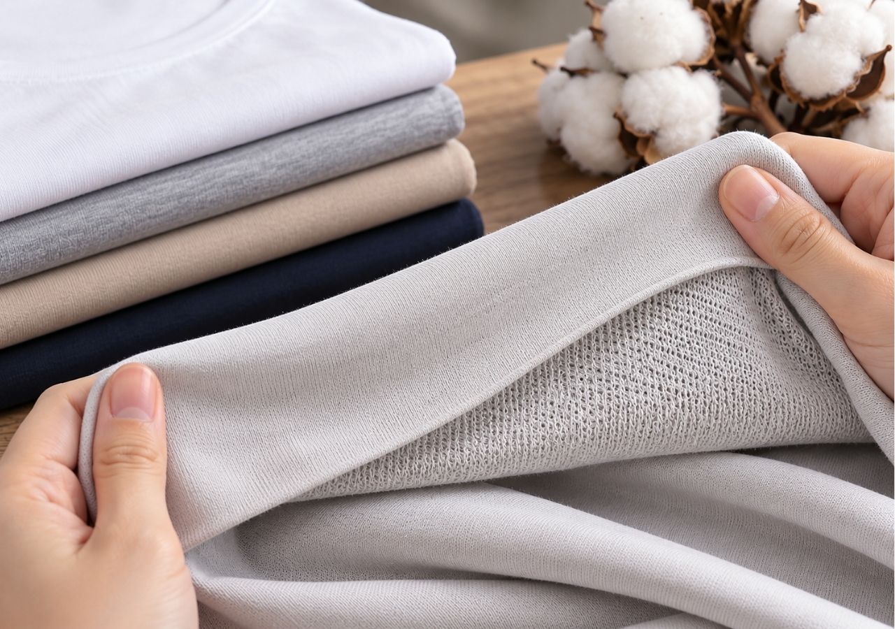 Vải Single Jersey có bề mặt mịn và kết cấu vòng sợi rõ nét.