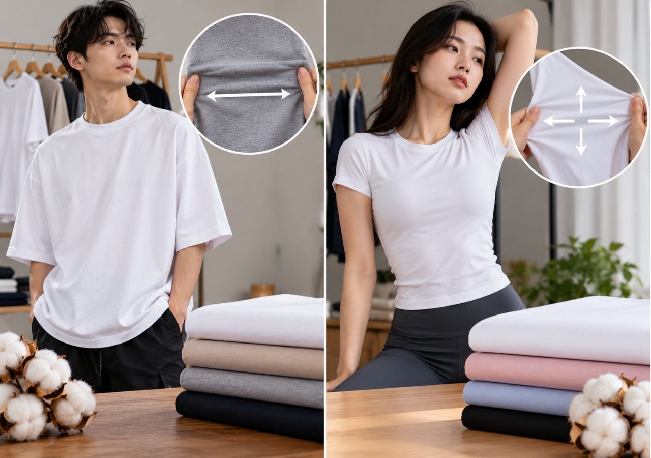 Cotton 2 chiều giữ form tốt, còn cotton 4 chiều co giãn linh hoạt hơn.