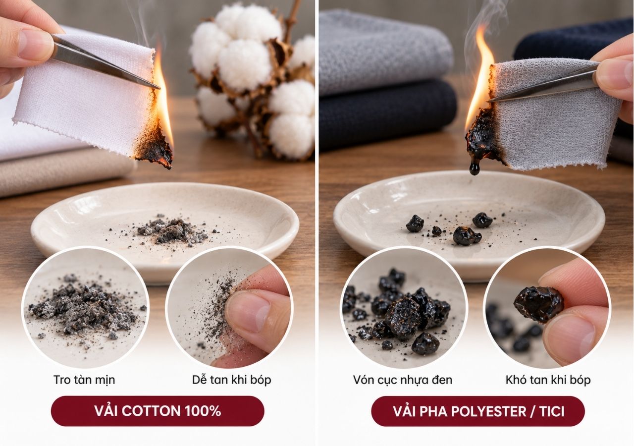 Đốt thử giúp nhận biết cotton nguyên chất qua đặc điểm tro sau khi cháy.