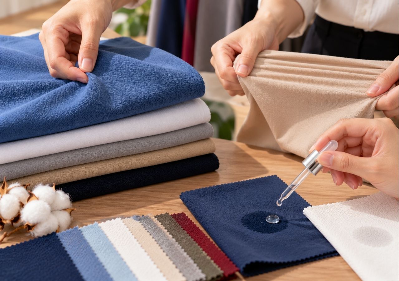 Kiểm tra độ co giãn và khả năng thấm nước của vải cotton 4 chiều.