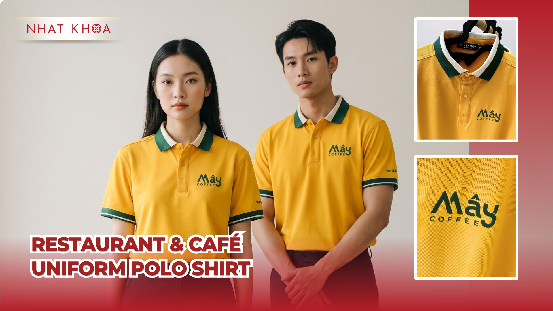 Mây Coffee uniform shirts in yellow with highly attractive green trim.