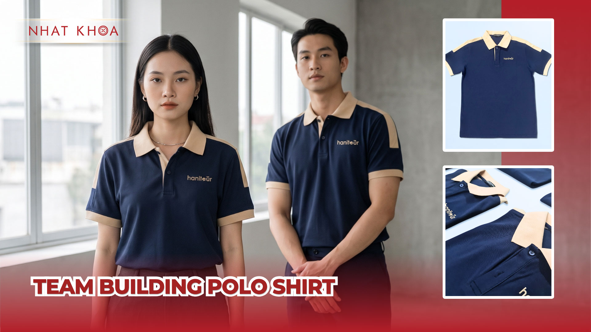 Youthful navy blue group polo shirts with beige accents.