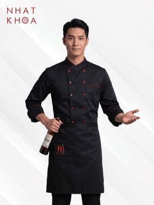 Đồng Phục Bếp Đen Nút Đỏ