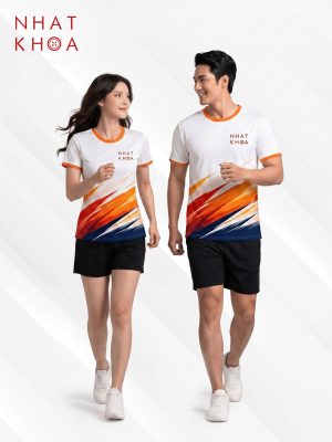 Đồng Phục Team Building Trắng Phối Viền Cam Họa Tiết Sọc Đa Màu