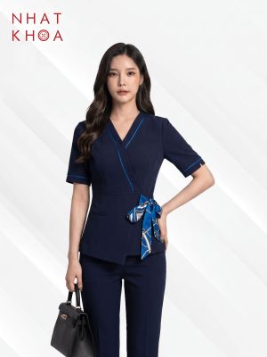 Đồng Phục Ngân Hàng Vest Nữ Xanh Navy Phối Viền Xanh